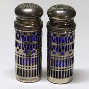 MCM Cobalt Blue Glass Salt & Pepper Shakers Chrome Pierced Made in Hong Kong